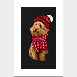Cavapoo Cavoodle in festive red winter hat and scarf- cute cavalier king charles spaniel snug in a snowflake themed scarf Posters and Art